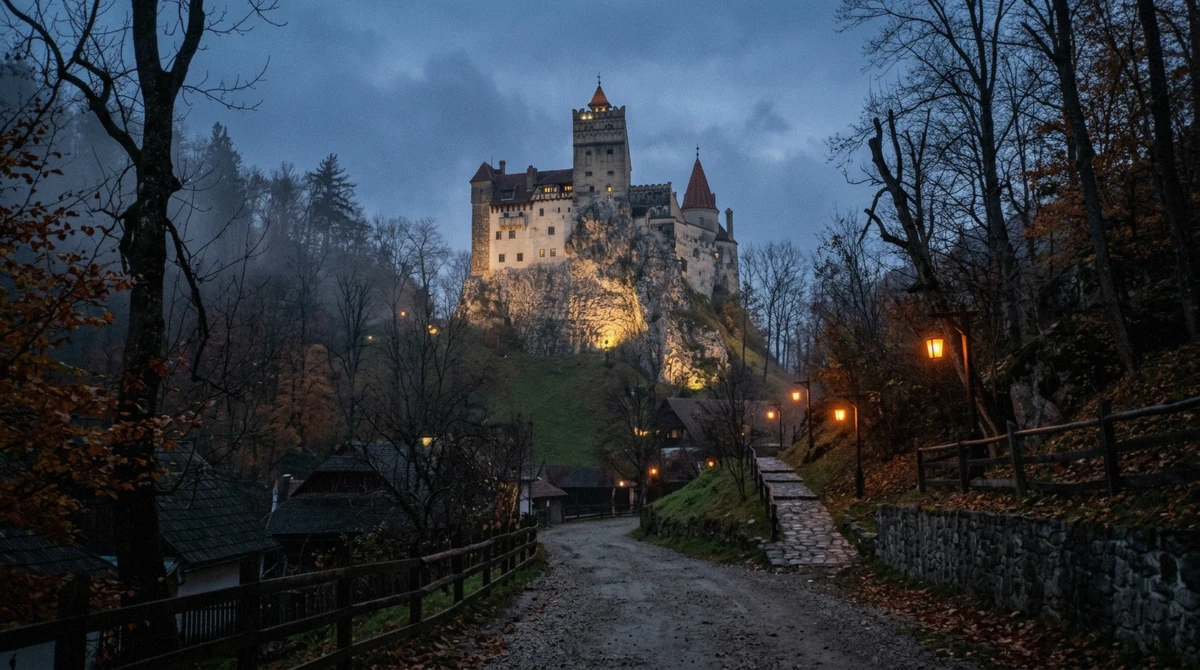 Bran Castle floodlit on a misty October evening, the setting of Bran Castle Halloween