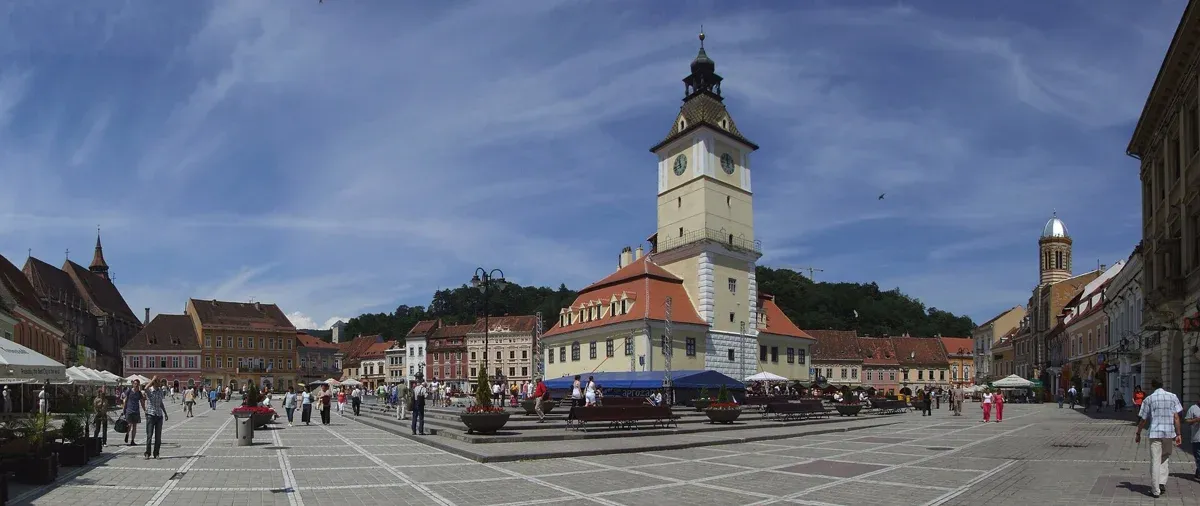 Council Square in Brasov, where the train from Bucharest connects to the bus for Bran Castle